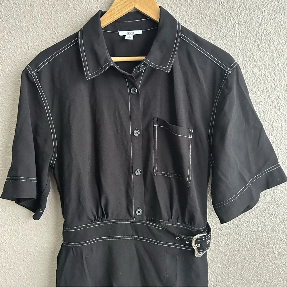 Bar III Black With White Seams Short Sleeve Belted Utility Button Up Romper‎